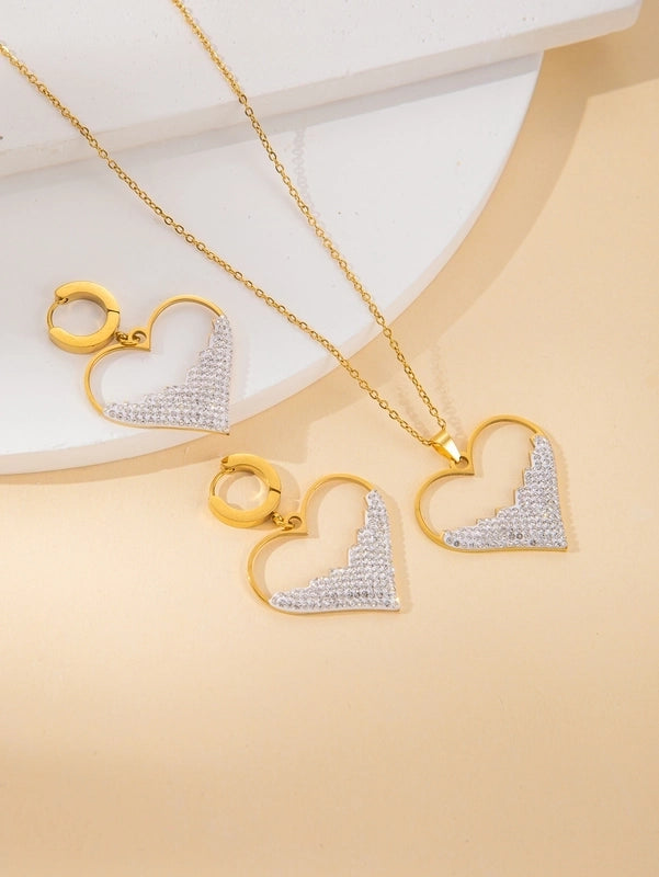 IG Style Minimalist Heart Shape Titanium Steel Shell Zircon Inlay Earrings Necklace