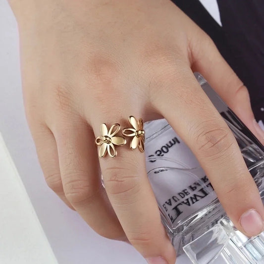 Fashion Flower 304 Stainless Steel 18K Gold Plated Plating Open Ring
