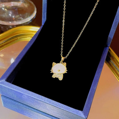 Elegant Classic Style Geometric Moon Bow Knot Titanium Steel Zircon Pendant Necklace