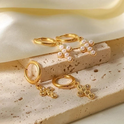 Fashion Cross Inlay 304 Stainless Steel Artificial Pearls Zircon Earrings