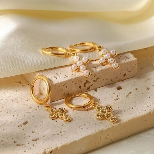 Fashion Cross Inlay 304 Stainless Steel Artificial Pearls Zircon Earrings