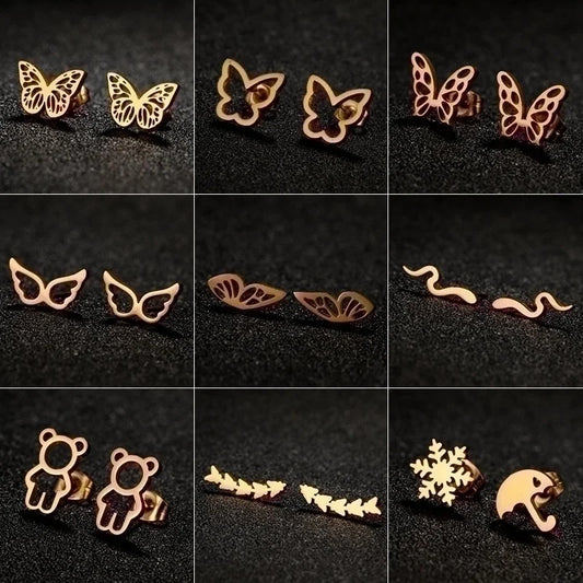 1 Pair Casual Minimalist Butterfly Umbrella Snowflake Asymmetrical Plating Hollow Out 304 Stainless Steel 18K Gold Plated Ear Studs