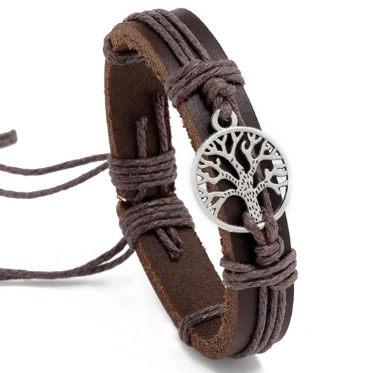 Retro Pull Handle Rope Woven Tree Of Life Leather Bracelet