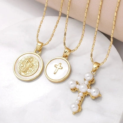 Copper Bamboo Necklace 18K Gold Plated Plating Inlaid Shell Cross Virgin Mary Pendant Necklace