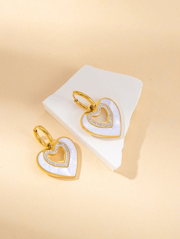 IG Style Minimalist Heart Shape Titanium Steel Shell Zircon Inlay Earrings Necklace