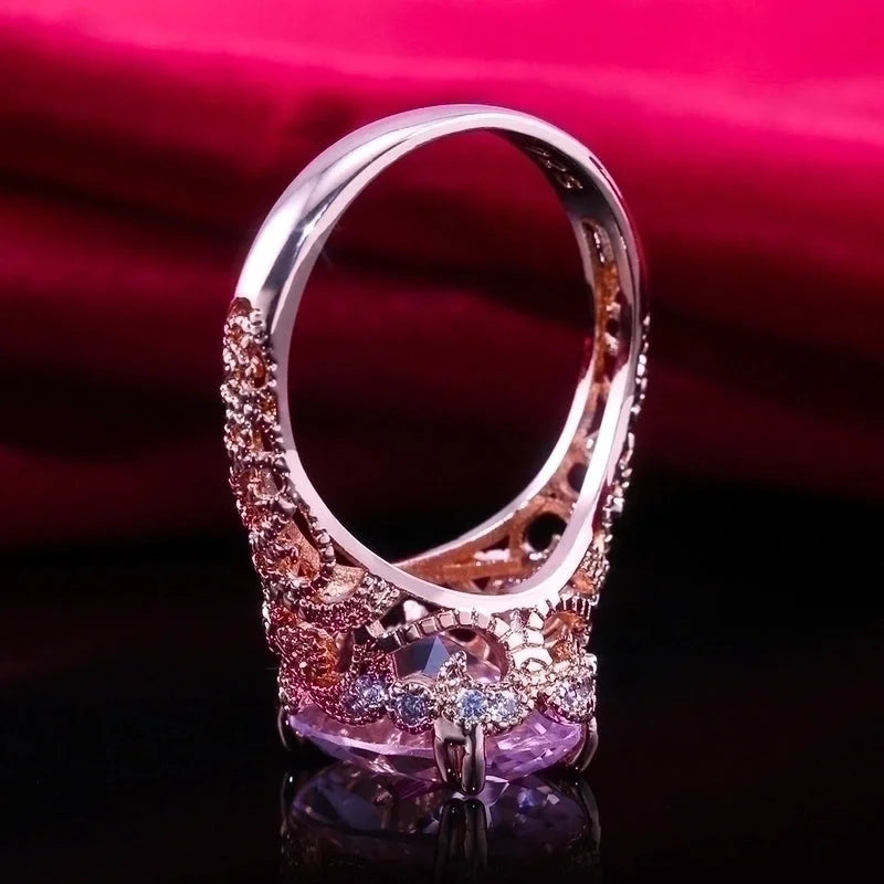 Flower Jewelry Fashion Pink Zircon Jewelry Princess Engagement Rose Gold Copper Ring