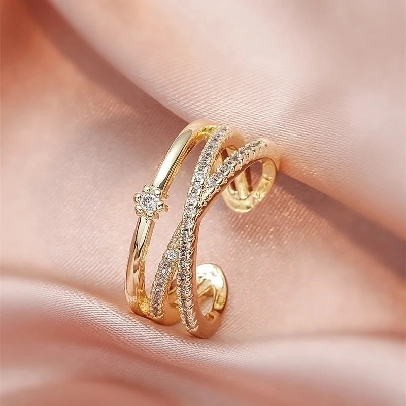 Real Gold Plating Multi-layer Cross Diamond Geometric Open Index Finger Copper Ring