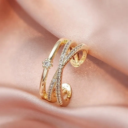 Real Gold Plating Multi-layer Cross Diamond Geometric Open Index Finger Copper Ring