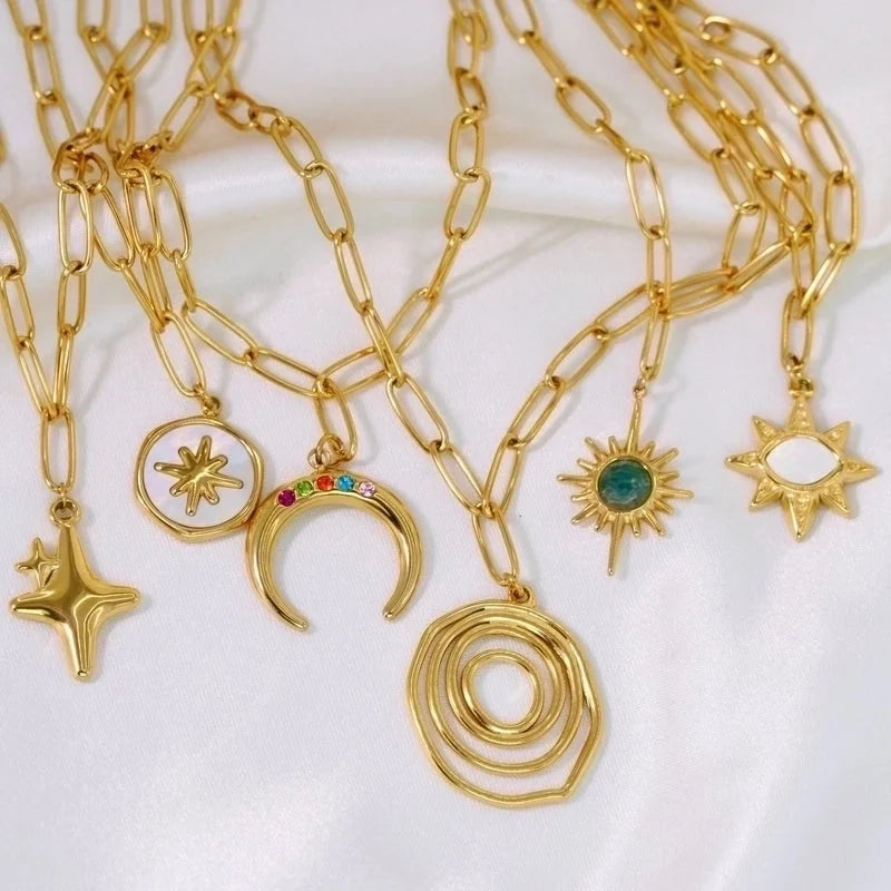 2 Pieces Minimalist Geometric Titanium Steel 14K Gold Plated Pendant Necklace