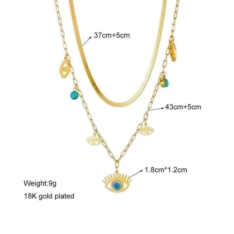 Fashion Sun Eye Titanium Steel Plating Inlay Turquoise Layered Necklaces