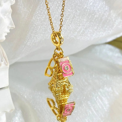 Copper Cable Chain Plating Four Leaf Clover Eiffel Tower Airplane Pendant Necklace