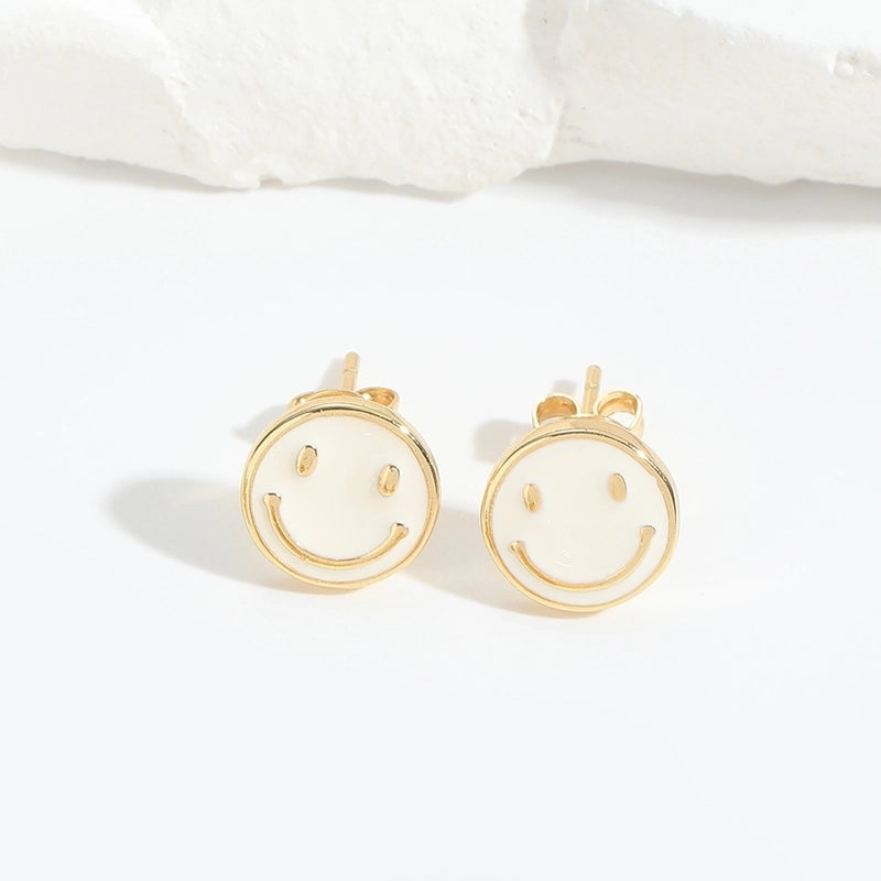 1 Pair Elegant Minimalist Commute Smile Face Enamel Copper 14K Gold Plated Ear Studs