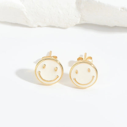 1 Pair Elegant Minimalist Commute Smile Face Enamel Copper 14K Gold Plated Ear Studs