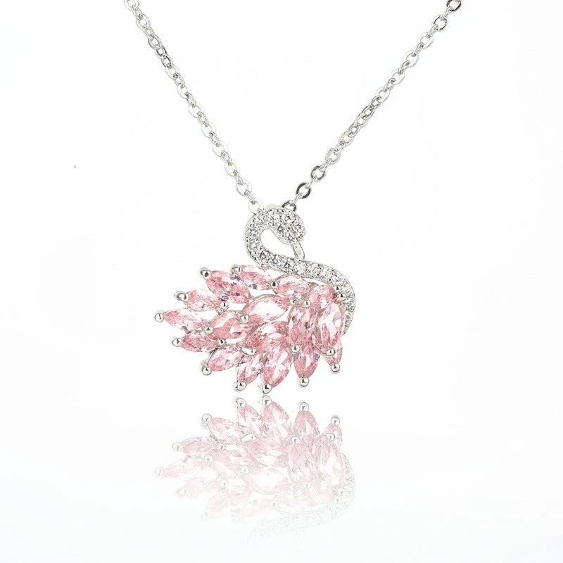 Sweet Minimalist Swan Copper White Gold Plated Zircon Pendant Necklace In Bulk