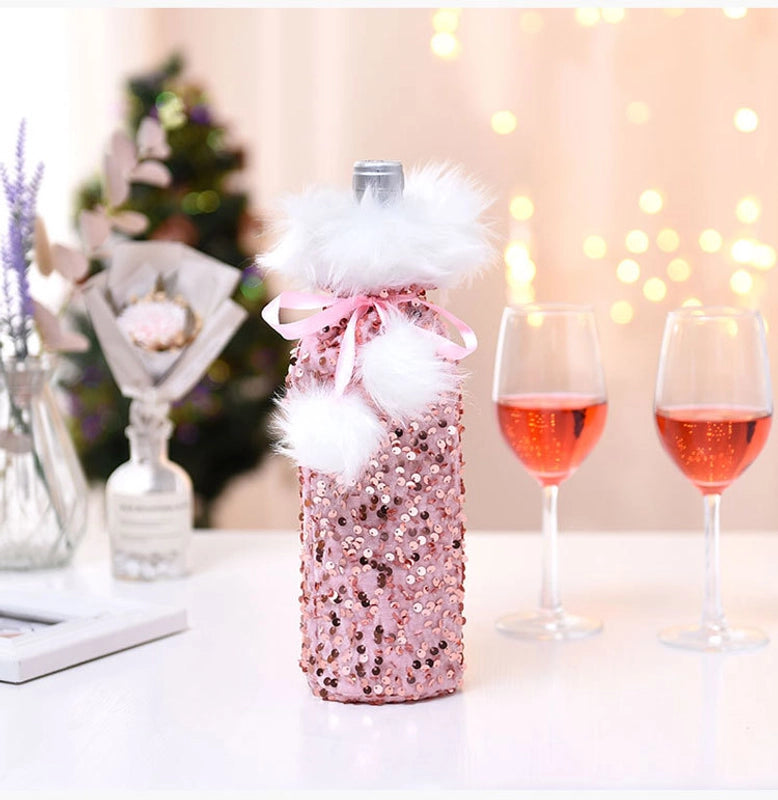 Cross-border New Arrival Christmas Decorations European And American Sequins Bottle Cover Plush Drawstring Wine Gift Box Hotel Dining Table Dress Up