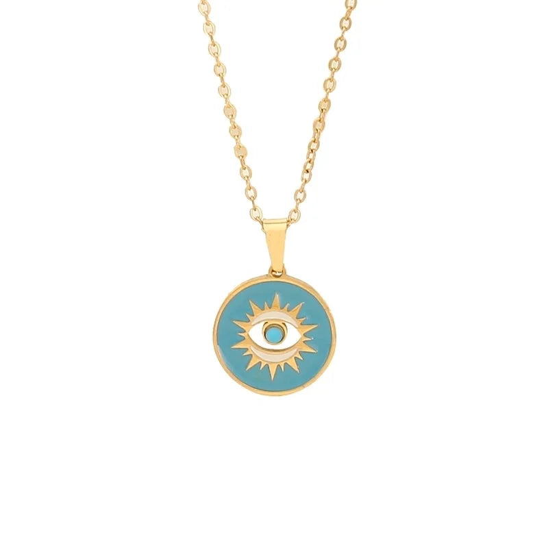 Retro Minimalist Commute Elephant Devil's Eye 304 Stainless Steel 18K Gold Plated Enamel Pendant Necklace