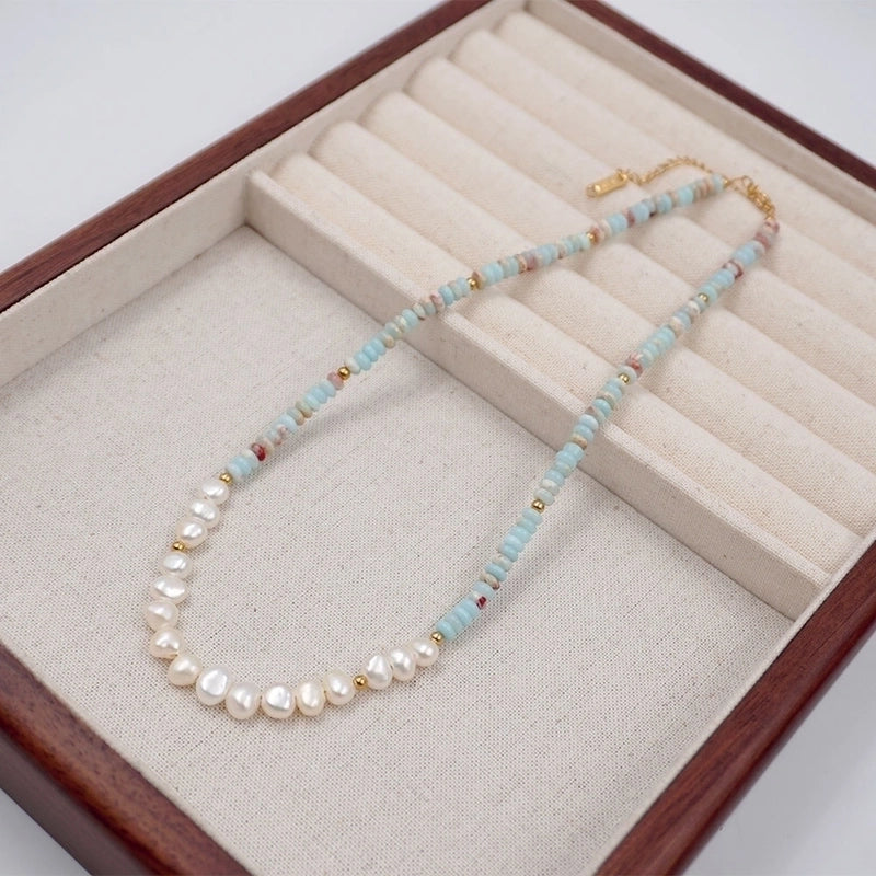 304 Stainless Steel Turquoise Freshwater Pearl Gold Plated Casual Minimalist Classic Style Beaded Handmade Geometric Necklace