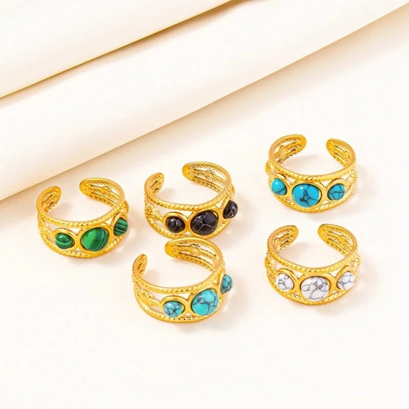 2 Pieces 304 Stainless Steel Minimalist Inlay Round Artificial Gemstones Rings