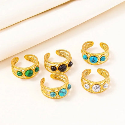 2 Pieces 304 Stainless Steel Minimalist Inlay Round Artificial Gemstones Rings