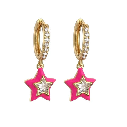 1 Pair Sweet Star Enamel Inlay Copper Zircon Earrings