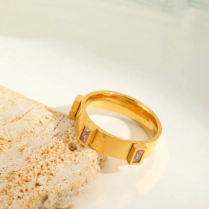 IG Style Basic Commute Solid Color 304 Stainless Steel Zircon 18K Gold Plated Plating Inlay Rings