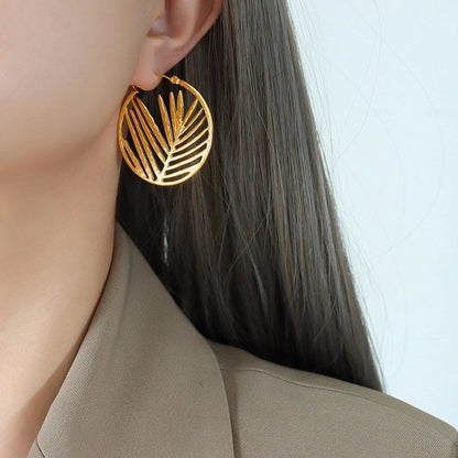 Ethnic Style Leaf Titanium Steel Hoop Earrings 1 Pair