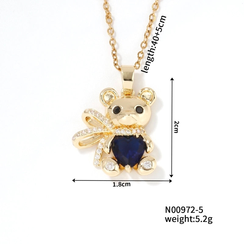 304 Stainless Steel Copper Rhodium Plated Inlay Bear Heart Shape Glass Zircon Pendant Necklace