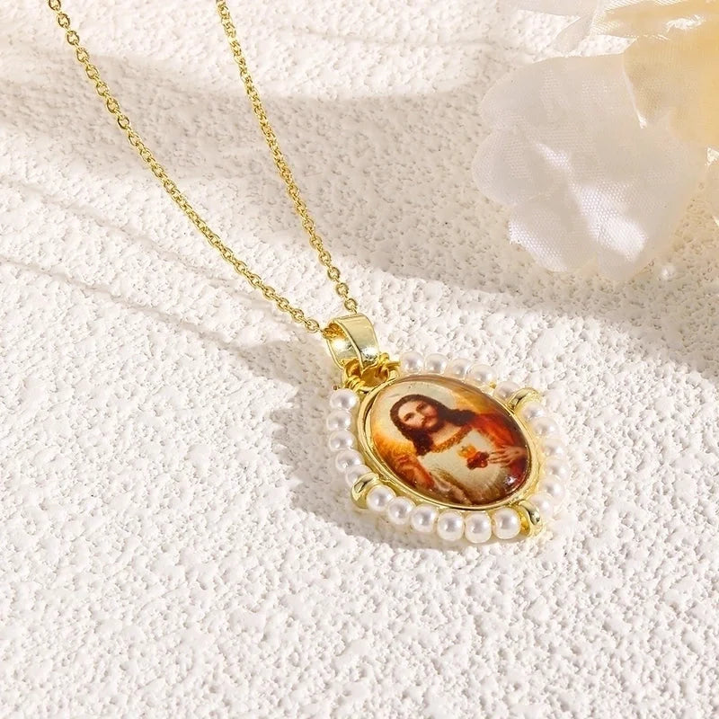 Copper 18K Gold Plated Inlay Human Virgin Mary Acrylic Imitation Pearl Pendant Necklace