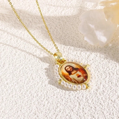 Copper 18K Gold Plated Inlay Human Virgin Mary Acrylic Imitation Pearl Pendant Necklace