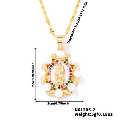 Vintage Style Religion Artistic Round Virgin Mary 304 Stainless Steel Copper Zircon K Gold Plated Inlay Pendant Necklace