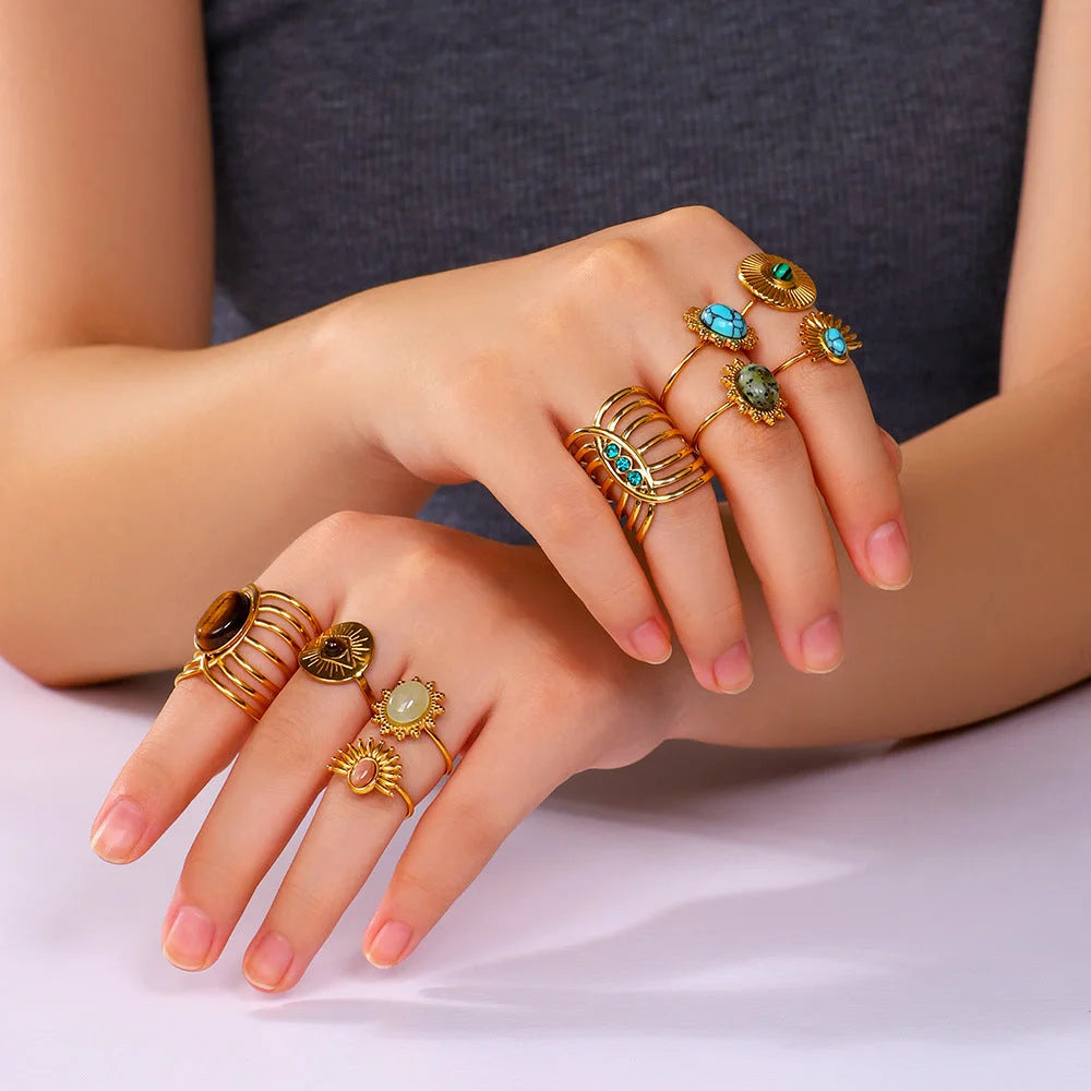 Open Ring IG Style Natural Stone Geometric Stainless Steel Electroplating Rings