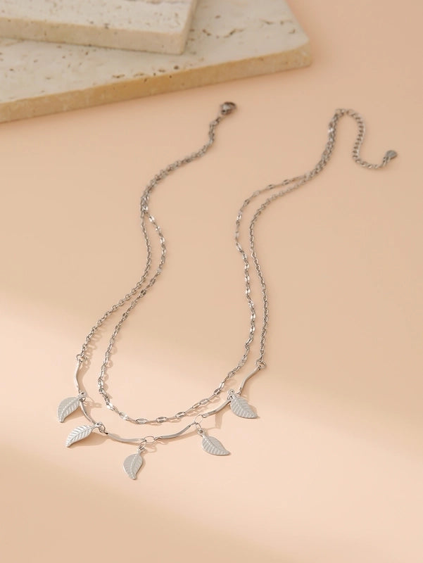 Lady Classic Style IG Style Cross Star Leaves 304 Stainless Steel 18K Gold Plated Double Layer Necklaces