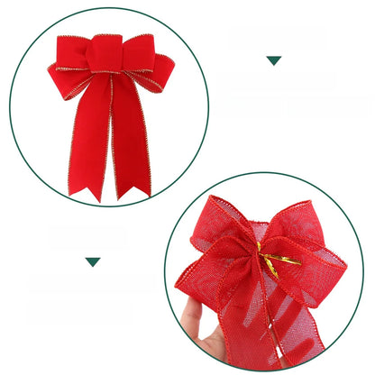 2 Pieces Christmas Decoration Red Flocked Striped Burlap Bow Christmas Wreath Christmas Tree Accessories Decoration Pendant