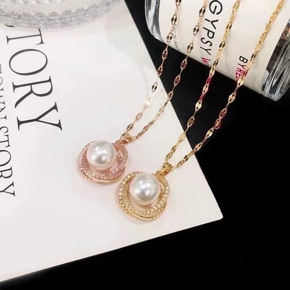 Elegant Round Titanium Steel Artificial Pearls Zircon Rings Necklace