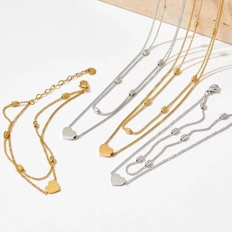 3 Pieces 304 Stainless Steel Titanium Steel 16K Gold Plated White Gold Plated Gold Plated Beach Plating Heart Shape Bracelets Anklet Necklace