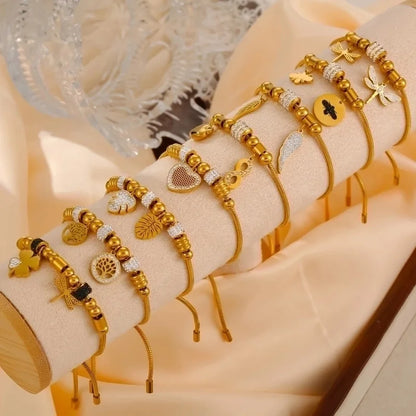 Retro Minimalist British Style Round Heart Shape Life Tree 304 Stainless Steel 18K Gold Plated Rhinestones Bracelets In Bulk