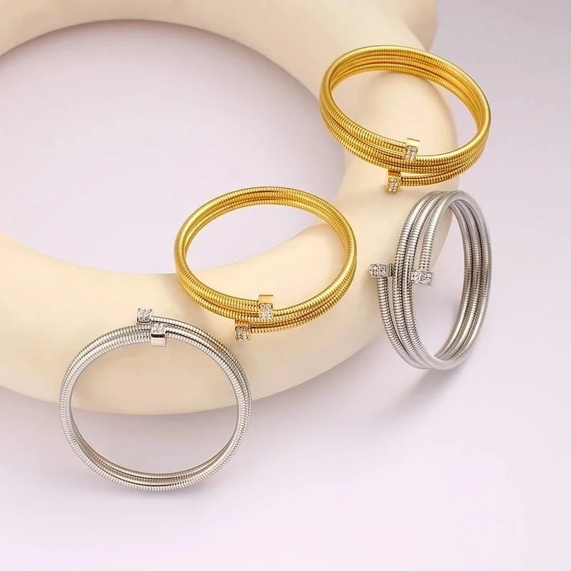 Casual Minimalist Commute Circle Round 304 Stainless Steel 18K Gold Plated Rhinestones Bangle In Bulk