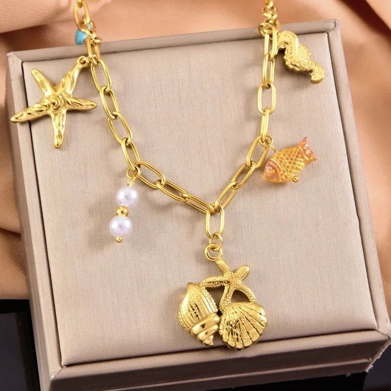 Vacation Marine Style Starfish Conch Hippocampus 304 Stainless Steel 18K Gold Plated Multi Charms Necklace