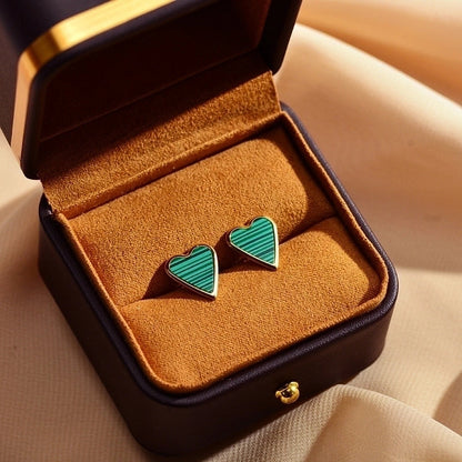 1 Pair Elegant Stripe Heart Shape Plating Inlay Copper Malachite Shell Gold Plated Ear Studs