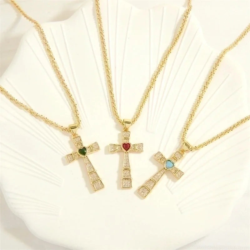 Minimalist Cross Heart Shape Copper 18k Gold Plated Zircon Pendant Necklace In Bulk