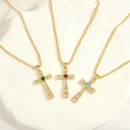 Minimalist Cross Heart Shape Copper 18k Gold Plated Zircon Pendant Necklace In Bulk