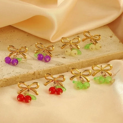 Sweet Minimalist Cherry Bow Knot 304 Stainless Steel Rings Earrings