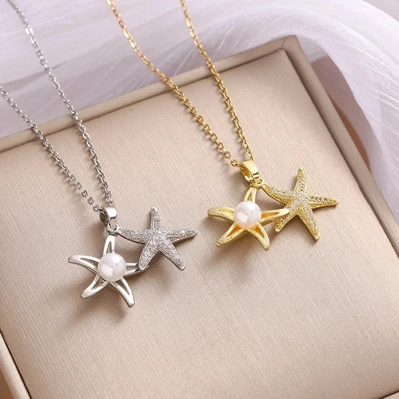 Casual Beach Starfish 304 Stainless Steel Pearl Zircon Plating Inlay Pendant Necklace