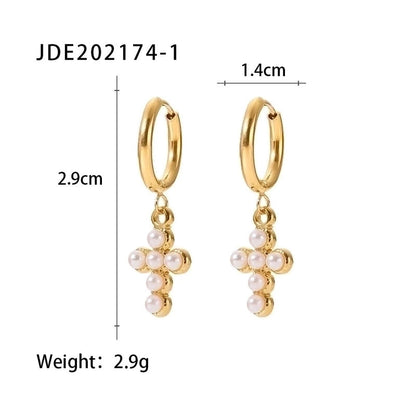 Fashion Cross Inlay 304 Stainless Steel Artificial Pearls Zircon Earrings
