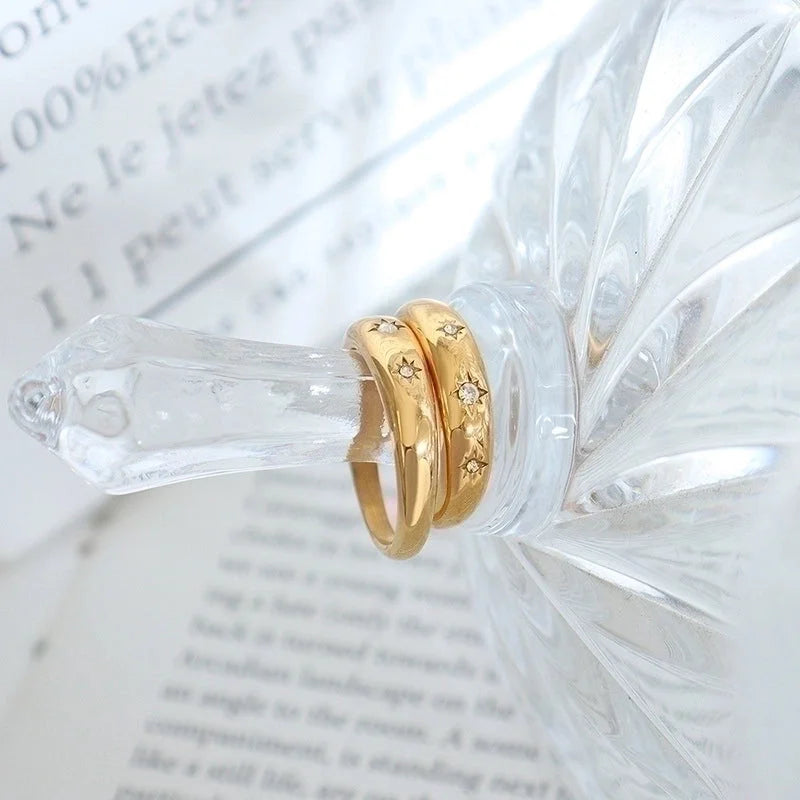 Fashion Star 304 Stainless Steel Zircon 18K Gold Plated Plating Inlay Rings