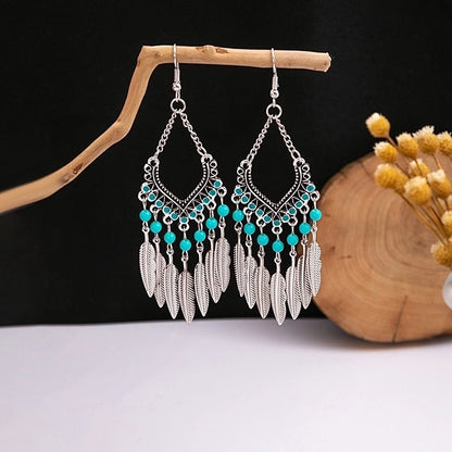 Bohemian Blue Turquoise National Style Earrings Imitation Miao Silver Metal Earrings Vintage Tassel Earrings