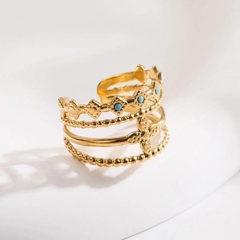 Streetwear Geometric Sun Star Stainless Steel Titanium Steel Inlay Artificial Gemstones Open Rings