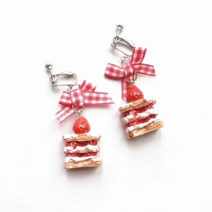 Retro Plaid Bow Cute Mink Plush Ball Strawberry Cake Ear Clip Christmas Earrings