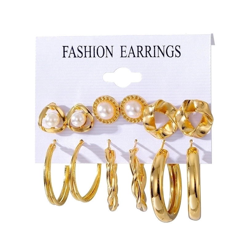 Retro Round Alloy Plating Artificial Pearls Women\'s Earrings Ear Studs 6-piece Set
