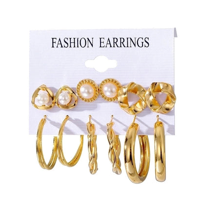 Retro Round Alloy Plating Artificial Pearls Women\'s Earrings Ear Studs 6-piece Set
